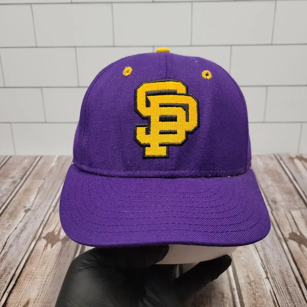 Vintage DeLONG UW Stevens Point Pointers Fitted Hat 7 1/4 Made USA Purple Gold